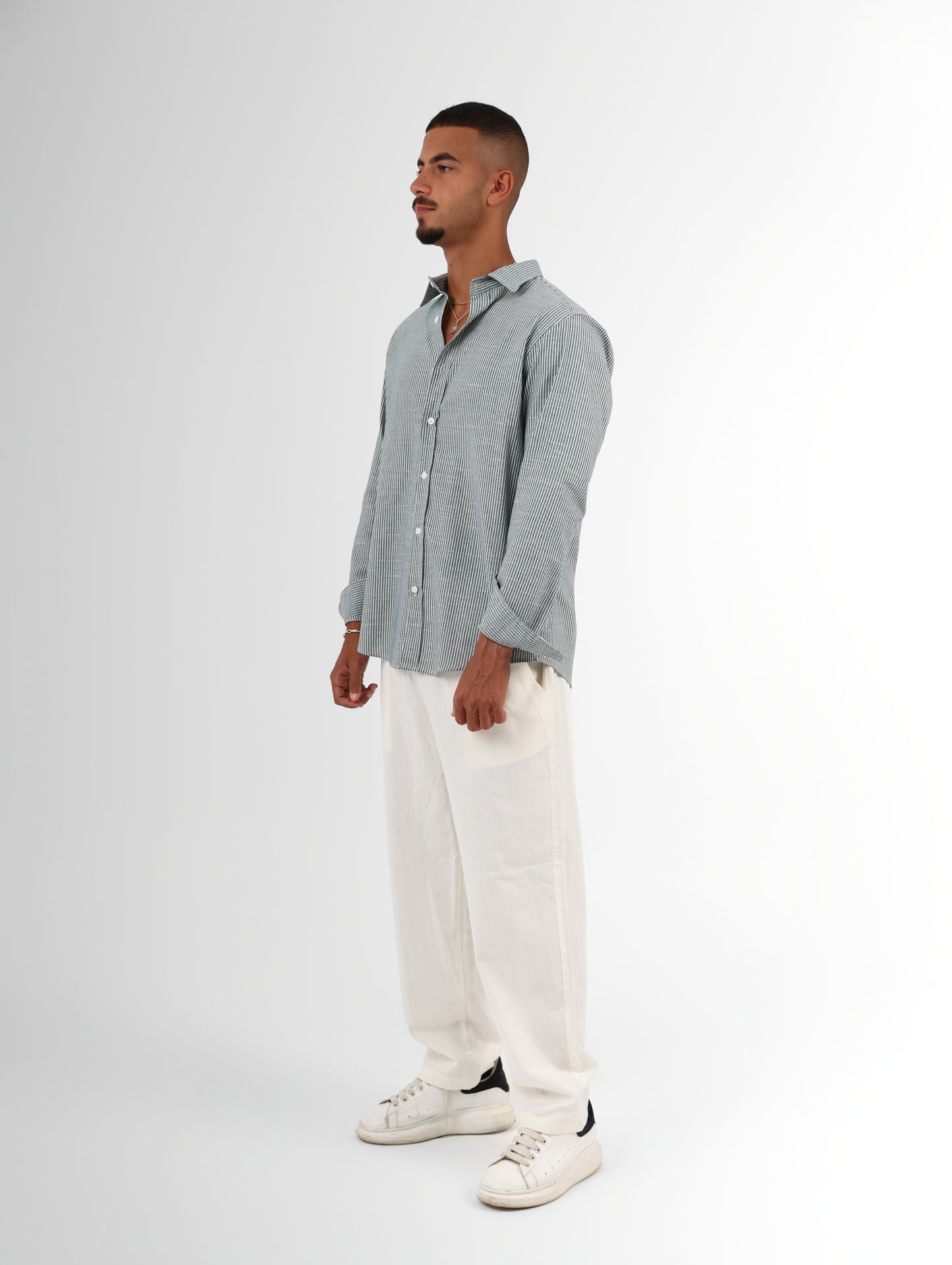 Olive green striped linen-shirt