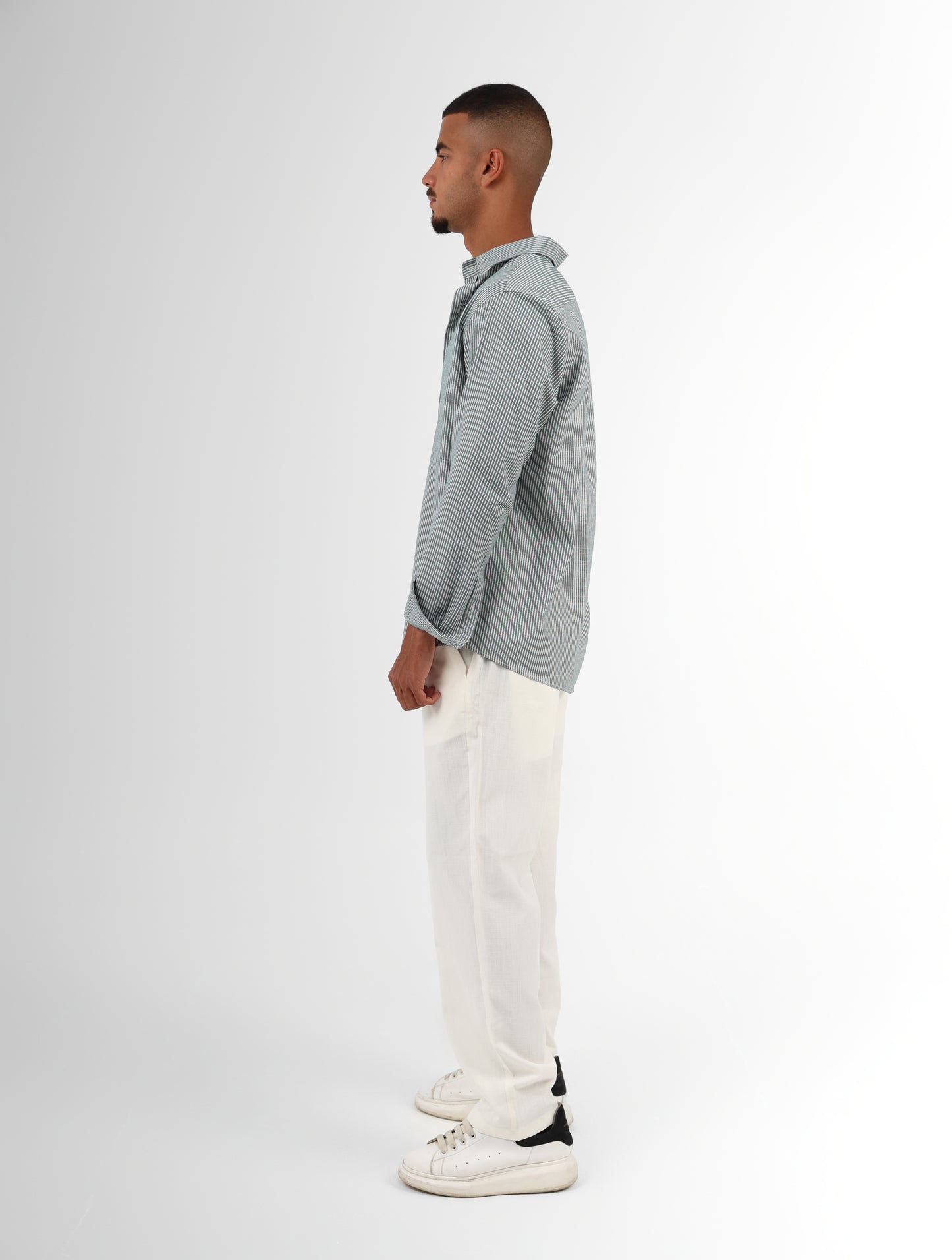 Olive green striped linen-shirt