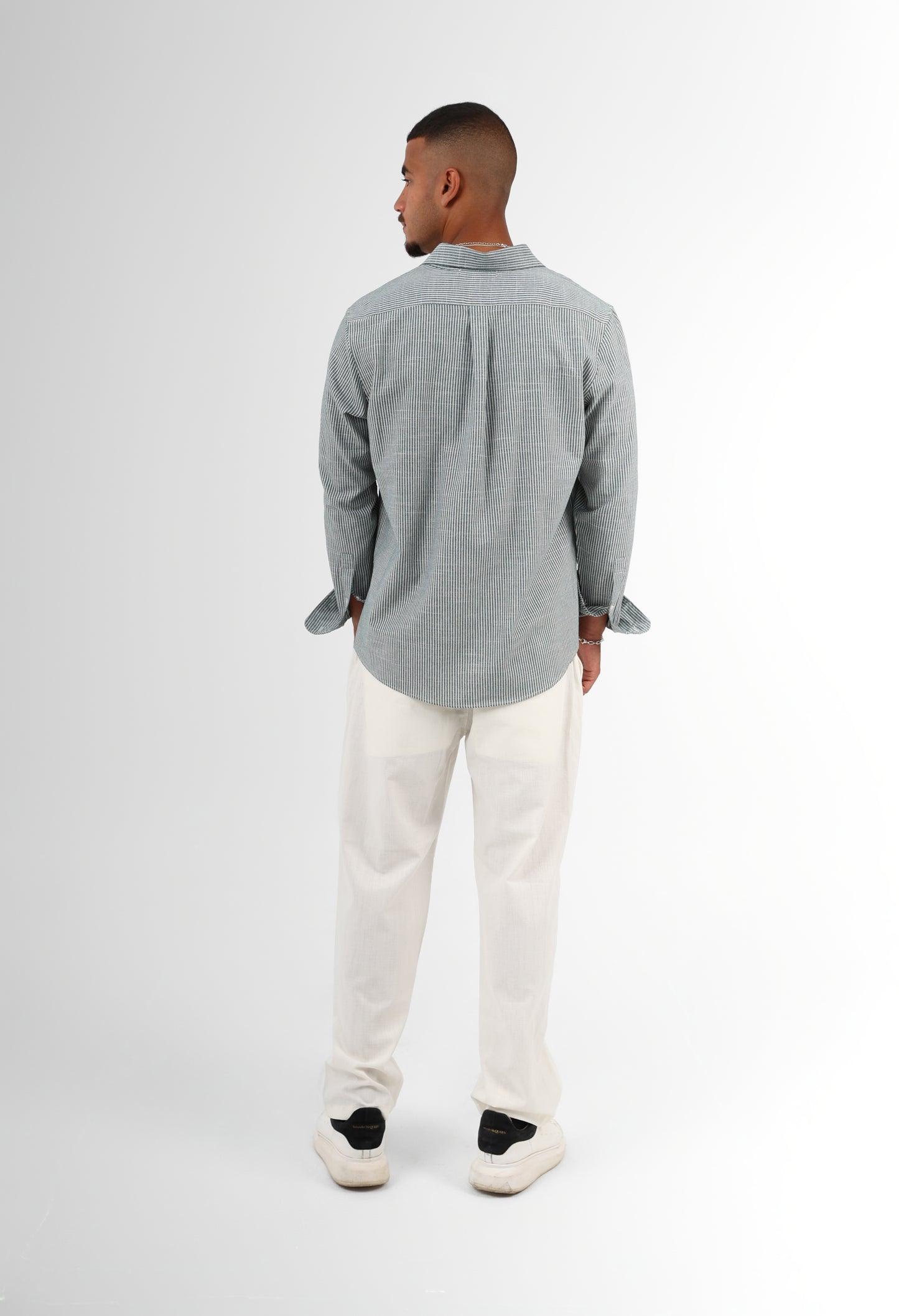 Olive green striped linen-shirt