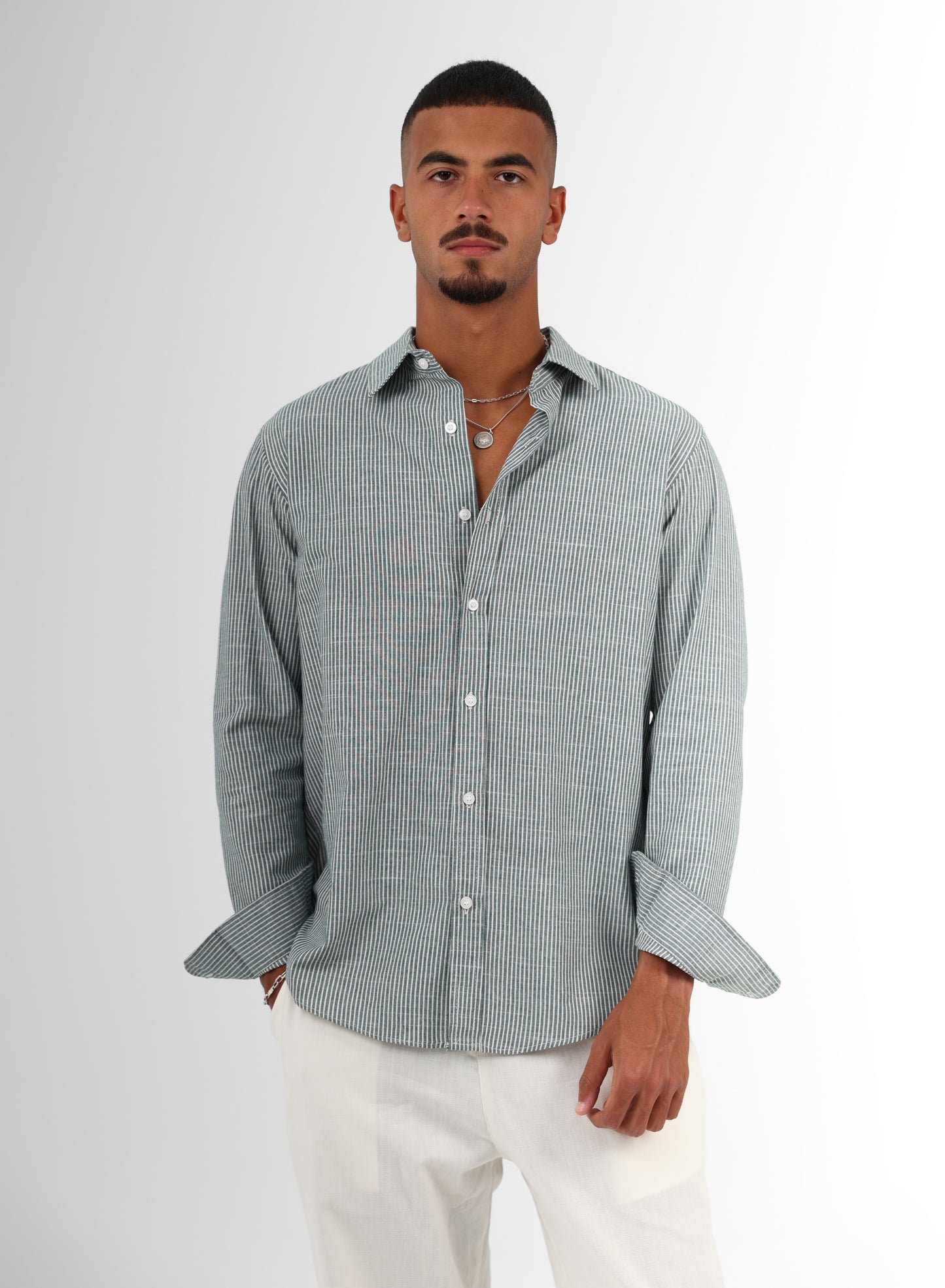 Olive green striped linen-shirt