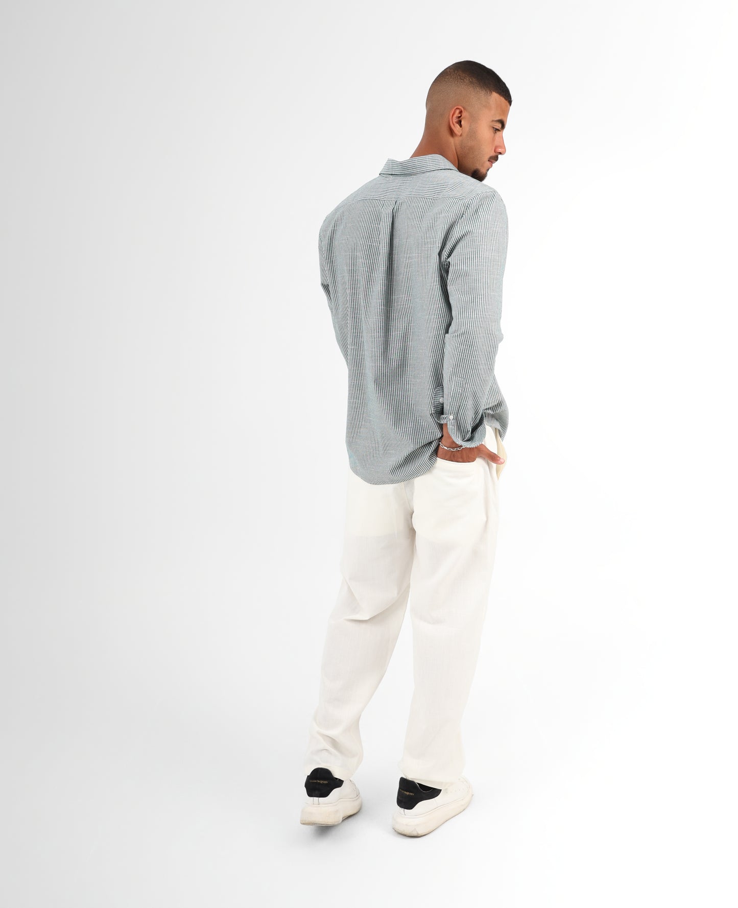 Olive green striped linen-shirt