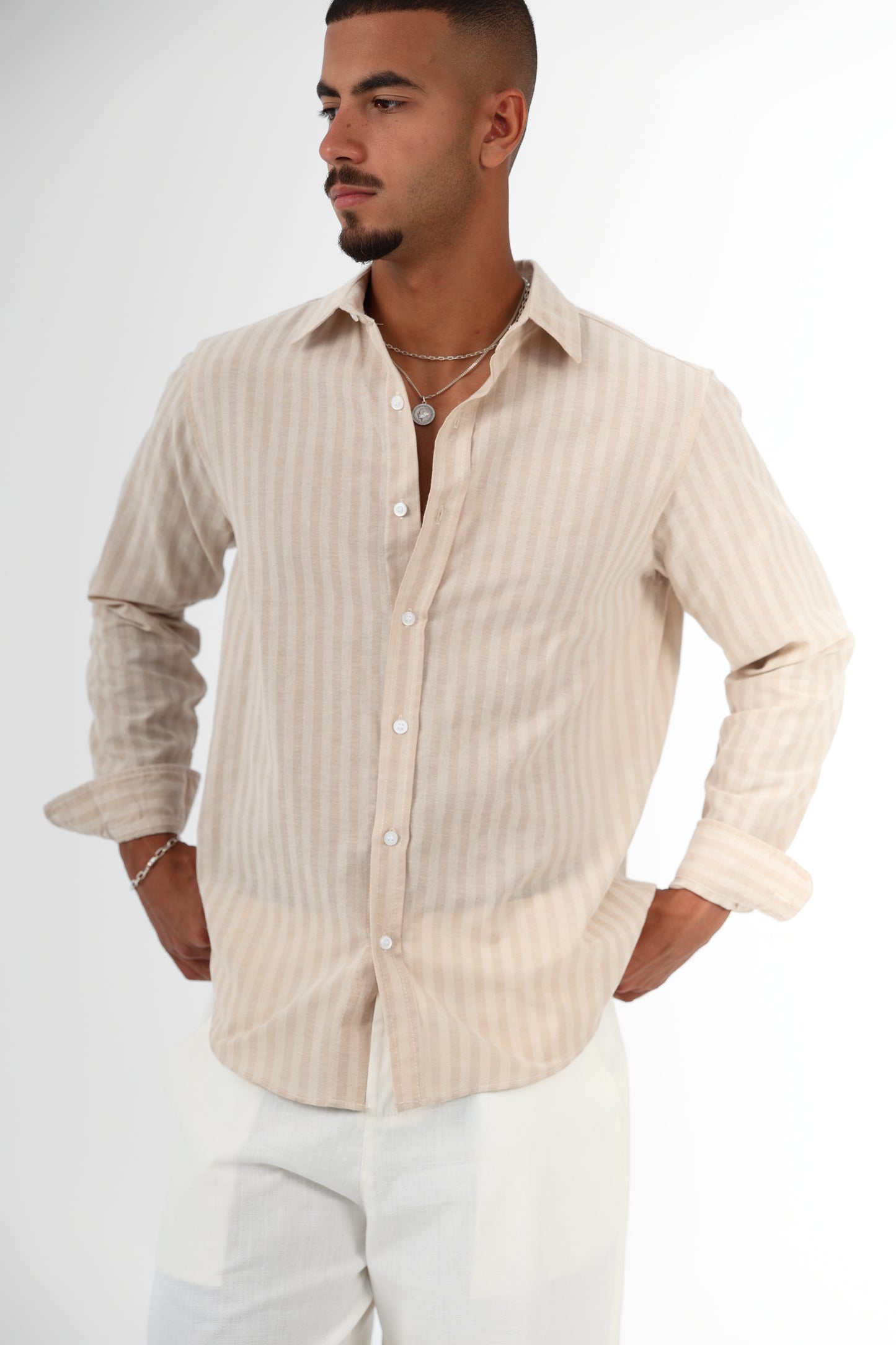 Beige striped linen-shirt